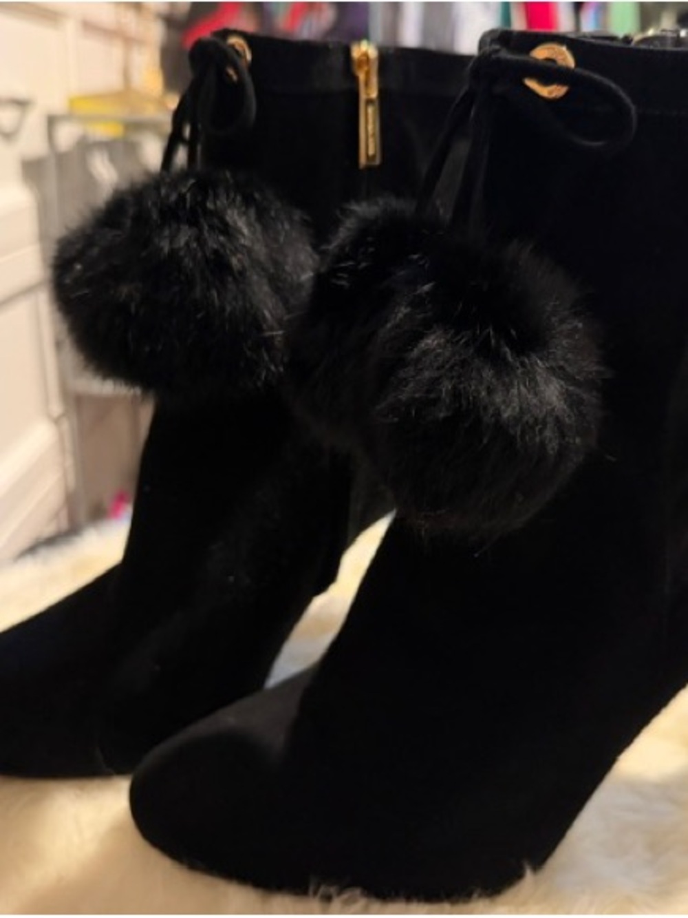 Black Michael Kors Faux Fur Pom Pom Ankle Boots